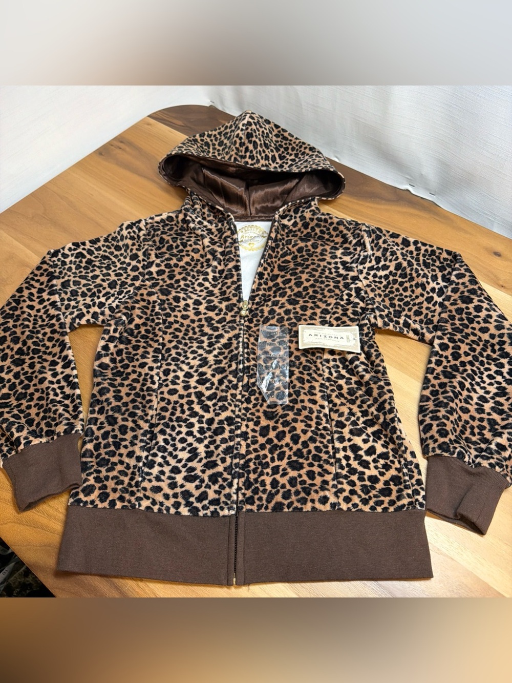NWT Arizona Jean Company Leppard Velvet Girlβ Zip-Up Hoodie Size L 10-12